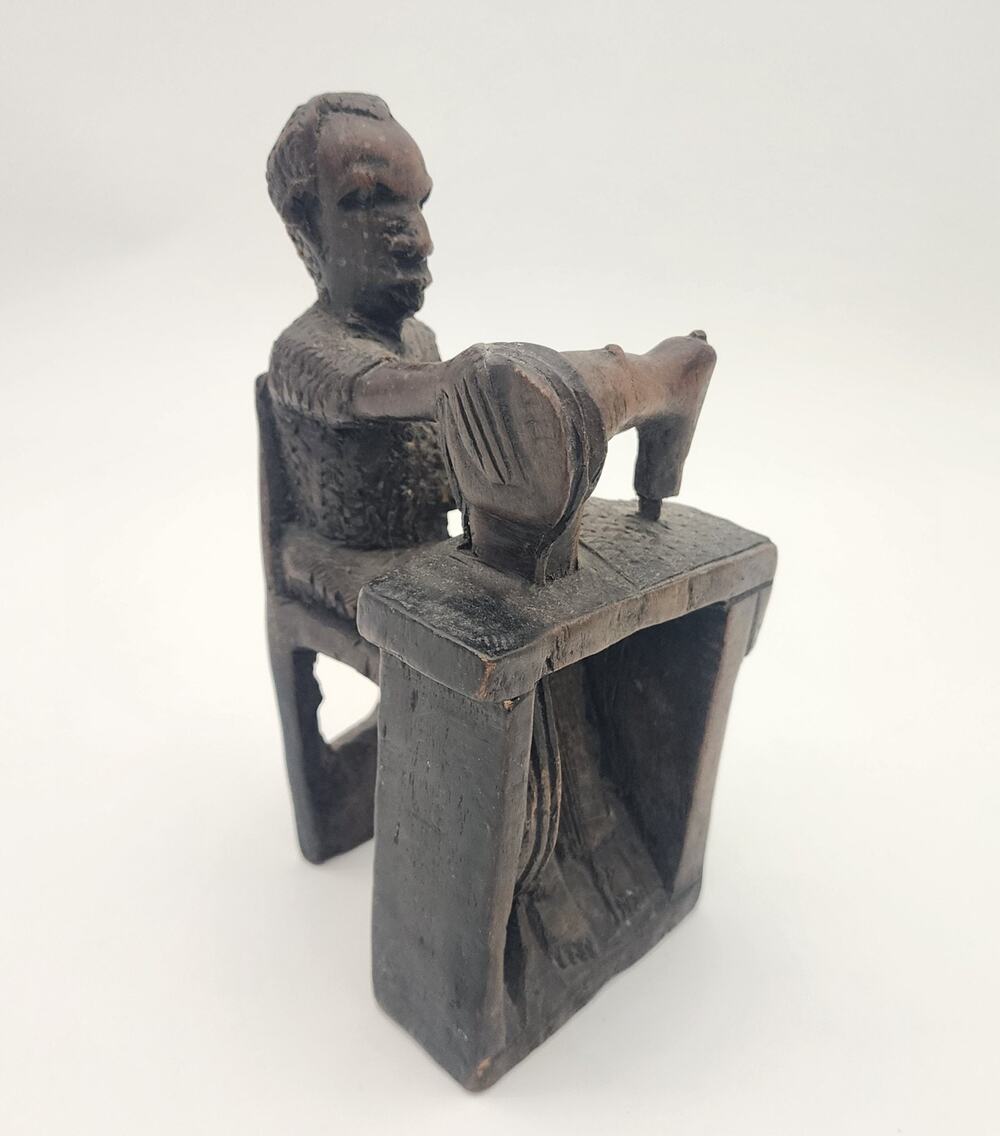 Vintage African Ironwood CARVING “Boy Using Sewing Machine” Handcarved Wood